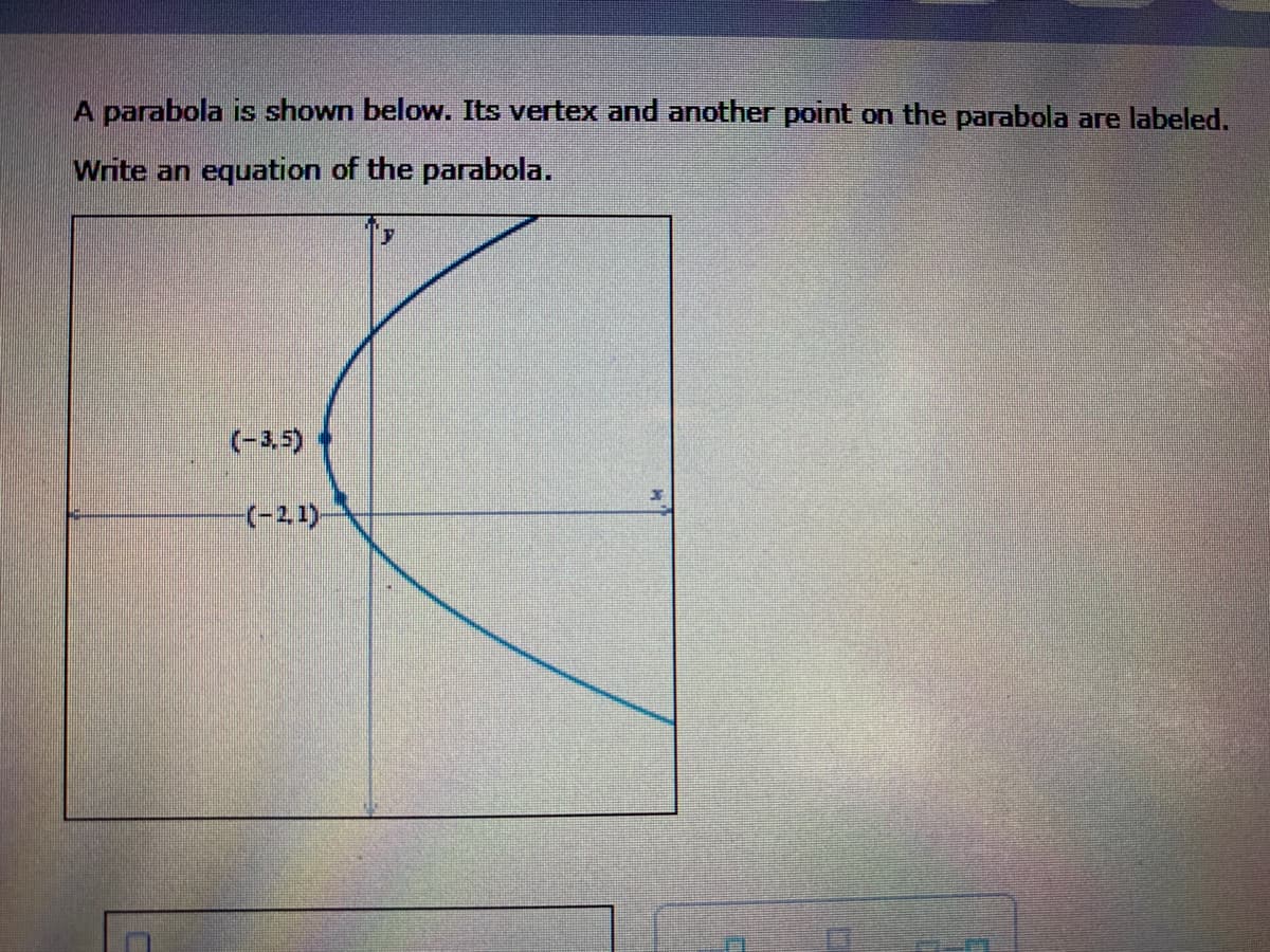 A parabola is shown below. Its vertex and another point on the parabola are labeled.
Write an equation of the parabola.
(-3.5)
(-21)-
