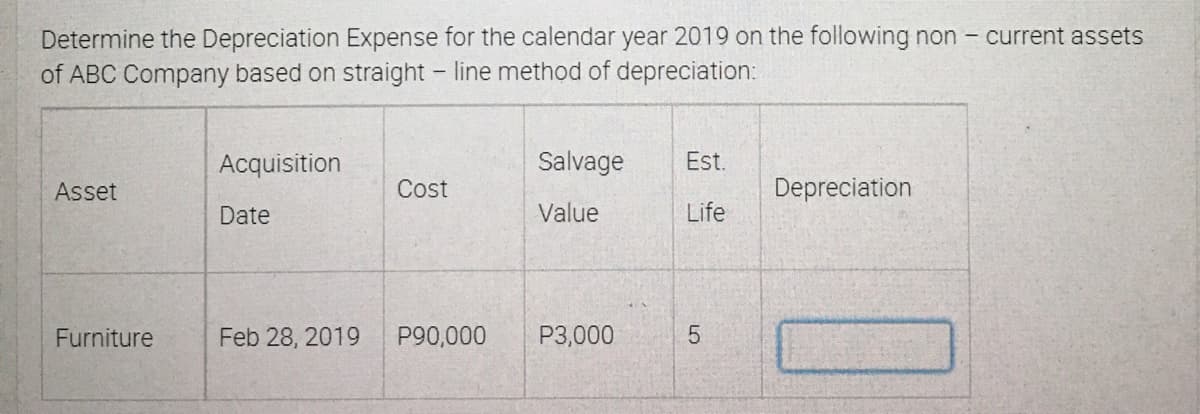 Determine the Depreciation Expense for the calendar year 2019 on the following non - current assets
of ABC Company based on straight line method of depreciation:
Acquisition
Salvage
Est.
Asset
Cost
Depreciation
Date
Value
Life
Furniture
Feb 28, 2019
P90,000
P3,000
LO
5