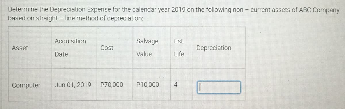 Determine the Depreciation Expense for the calendar year 2019 on the following non - current assets of ABC Company
based on straight line method of depreciation:
Acquisition
Salvage Est.
Asset
Cost
Depreciation
Date
Value
Life
Computer
Jun 01, 2019
P70,000
P10,000
4
||