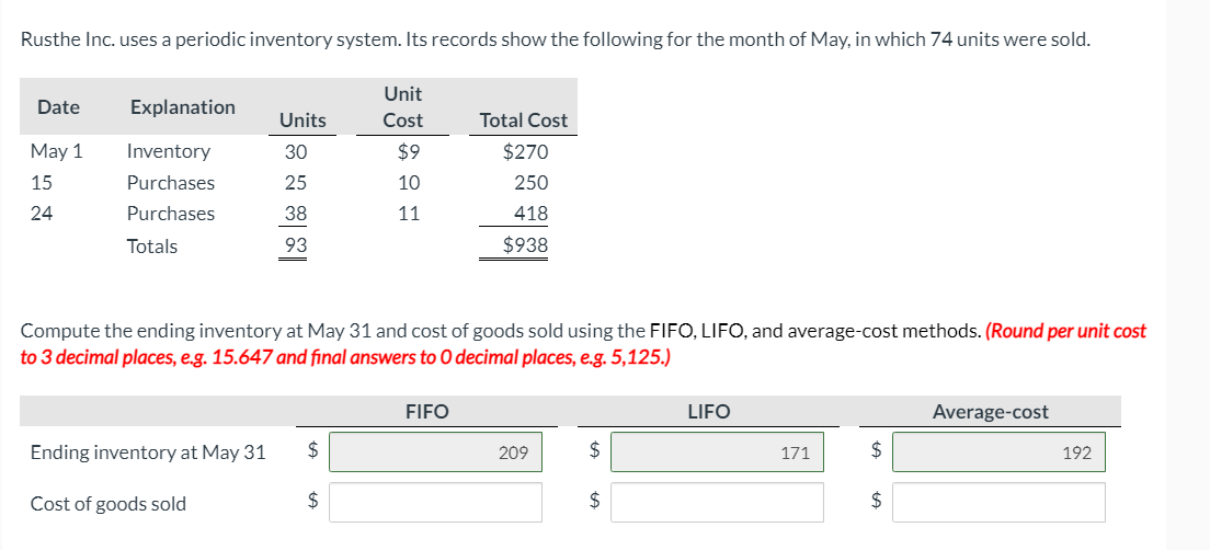 Rusthe Inc. uses a periodic inventory system. Its records show the following for the month of May, in which 74 units were sold.
Unit
Date
Explanation
Units
Cost
Total Cost
May 1
Inventory
30
$9
$270
15
Purchases
25
10
250
24
Purchases
38
11
418
Totals
93
$938
=
Compute the ending inventory at May 31 and cost of goods sold using the FIFO, LIFO, and average-cost methods. (Round per unit cost
to 3 decimal places, e.g. 15.647 and final answers to 0 decimal places, e.g. 5,125.)
FIFO
LIFO
Average-cost
Ending inventory at May 31
2$
209
2$
171
2$
192
Cost of goods sold
2$
2$
2$
