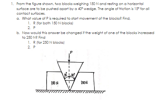 1. From the figure shown, two blocks weighing 150 N and resting on a horizontal
surface are to be pushed apart by a 40° wedge. The angle of friction is 15° for all
contact surfaces.
a. What value of P is required to start movement of the blocks? Find,
1. R (for both 150 N blocks)
2. P
b. Now would this answer be changed if the weight of one of the blocks increased
to 250 N² Find
1. R (for 250 N blocks)
2. P
150 N
150N
