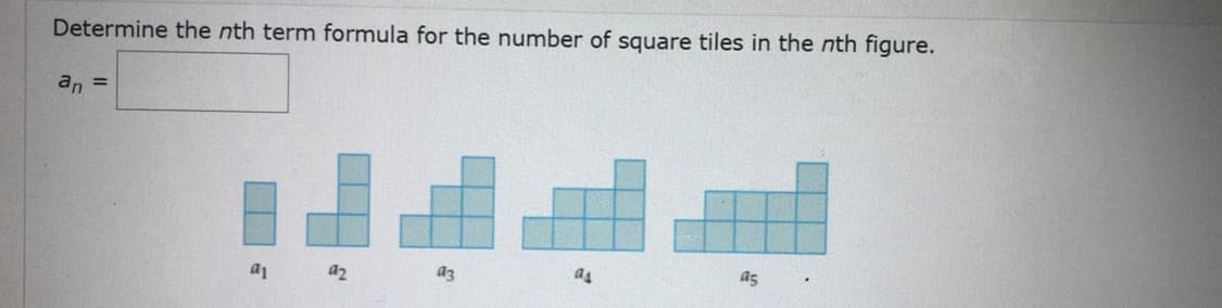Determine the nth term formula for the number of square tiles in the nth figure.
an
%3D
as
a2
az
