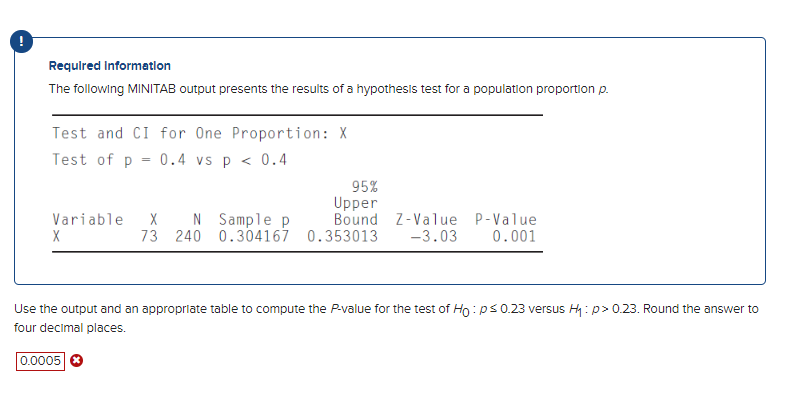 Required Information
The following MINITAB output presents the results of a hypothesis test for a population proportion p.
Test and CI for One Proportion: X
Test of p = 0.4 vs p < 0.4
Variable X N Sample p
X
95%
Upper
Bound Z-Value P-Value
73 240 0.304167 0.353013 -3.03 0.001
Use the output and an appropriate table to compute the P-value for the test of Ho: p≤ 0.23 versus H₁: p>0.23. Round the answer to
four decimal places.
0.0005