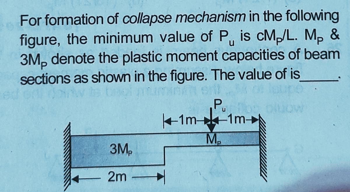 For formation of collapse mechanism in the following
figure, the minimum value of P, is cM,/L. M, &
3M, denote the plastic moment capacities of beam
sections as shown in the figure. The value of is
+1m-k-1m-
M.
3M,
2m
