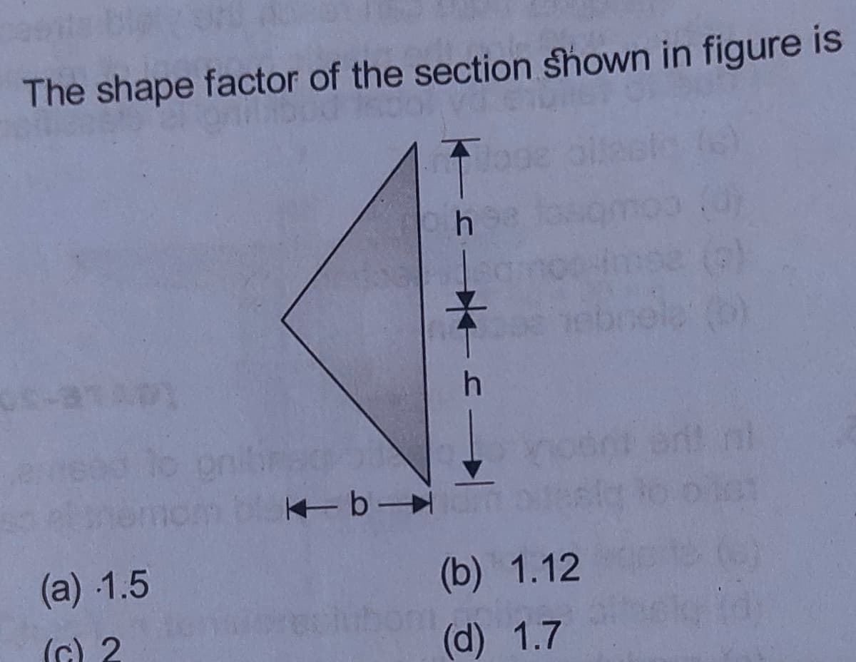 The shape factor of the section shown in figure is
(a) 1.5
(b) 1.12
(c) 2
(d) 1.7
幸hl
