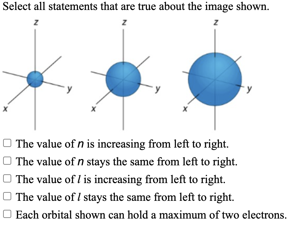 Select all statements that are true about the image shown.
Z
Z
Z
X
X
y
The value of n is increasing from left to right.
The value of n stays the same from left to right.
The value of 1 is increasing from left to right.
The value of I stays the same from left to right.
Each orbital shown can hold a maximum of two electrons.