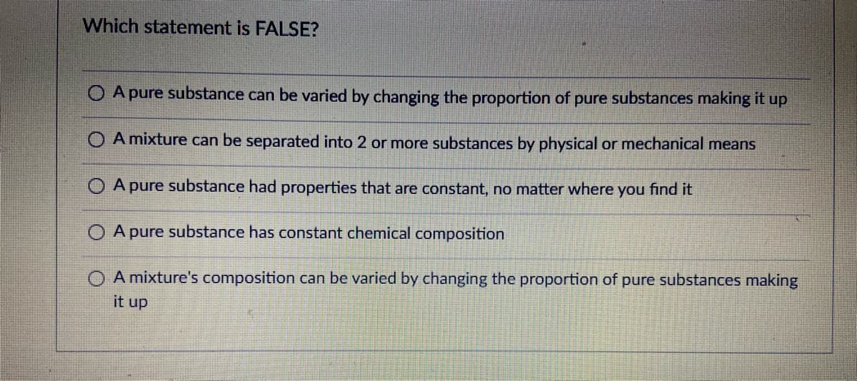 Which statement is FALSE?
O A pure substance can be varied by changing the proportion of pure substances making it up
A mixture can be separated into 2 or more substances by physical or mechanical means
A pure substance had properties that are constant, no matter where you find it
A pure substance has constant chemical composition
A mixture's composition can be varied by changing the proportion of pure substances making
it up
