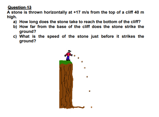 Question 13
A stone is thrown horizontally at +17 m/s from the top of a cliff 40 m
high.
a) How long does the stone take to reach the bottom of the cliff?
b) How far from the base of the cliff does the stone strike the
ground?
c) What is the speed of the stone just before it strikes the
ground?

