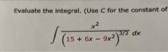 Evaluate the integral. (Use C for the constant of
| (s + -
15 + 6x
3/2 dx
9,272