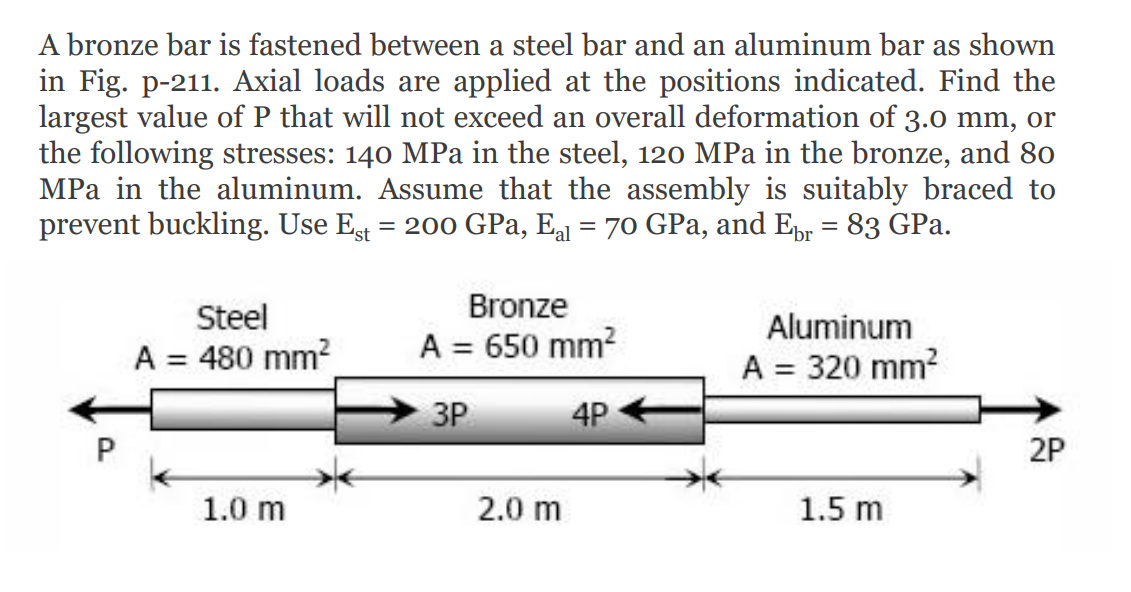 A bronze bar is fastened between a steel bar and an aluminum bar as shown
in Fig. p-211. Axial loads are applied at the positions indicated. Find the
largest value of P that will not exceed an overall deformation of 3.0 mm, or
the following stresses: 140 MPa in the steel, 120 MPa in the bronze, and 8o
MPa in the aluminum. Assume that the assembly is suitably braced to
prevent buckling. Use Es = 200 GPa, Ea = 70 GPa, and Epr = 83 GPa.
'st
Steel
Bronze
Aluminum
A = 480 mm?
A = 650 mm?
%3D
A = 320 mm?
ЗР
4P
2P
1.0 m
2.0 m
1.5 m
