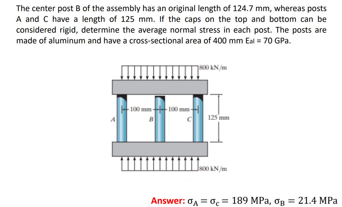 The center post B of the assembly has an original length of 124.7 mm, whereas posts
A and C have a length of 125 mm. If the caps on the top and bottom can be
considered rigid, determine the average normal stress in each post. The posts are
made of aluminum and have a cross-sectional area of 400 mm Eal = 70 GPa.
|800 kN/m
+100 mm -100 mm
A
B
125 mm
I800 kN/m
Answer: 0A = 0c = 189 MPa, oB
21.4 MPа
