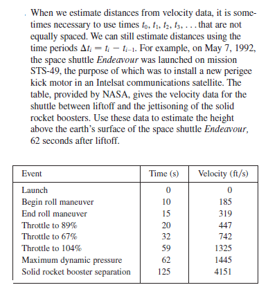 . When we estimate distances from velocity data, it is some-
times necessary to use times fo, f1, fz, fz, ... that are not
equally spaced. We can still estimate distances using the
time periods At; = ti – ti-1. For example, on May 7, 1992,
the space shuttle Endeavour was launched on mission
STS-49, the purpose of which was to install a new perigee
kick motor in an Intelsat communications satellite. The
table, provided by NASA, gives the velocity data for the
shuttle between liftoff and the jettisoning of the solid
rocket boosters. Use these data to estimate the height
above the earth's surface of the space shuttle Endeavour,
62 seconds after liftoff.
Event
Time (s)
Velocity (ft/s)
Launch
Begin roll maneuver
End roll maneuver
10
185
15
319
Throttle to 89%
Throttle to 67%
20
447
32
742
Throttle to 104%
59
1325
Maximum dynamic pressure
Solid rocket booster separation
62
1445
125
4151
