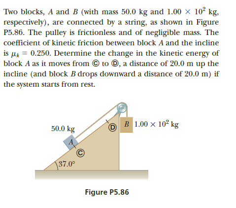 Two blocks, A and B (with mass 50.0 kg and 1.00 × 10² kg,
respectively), are connected by a string, as shown in Figure
P5.86. The pulley is frictionless and of negligible mass. The
coefficient of kinetic friction between block A and the incline
is µz = 0.250. Determine the change in the kinetic energy of
block A as it moves from © to ©, a distance of 20.0 m up the
incline (and block B drops downward a distance of 20.0 m) if
the system starts from rest.
B 1.00 x 102 kg
50.0 kg
37.0°
Figure P5.86
