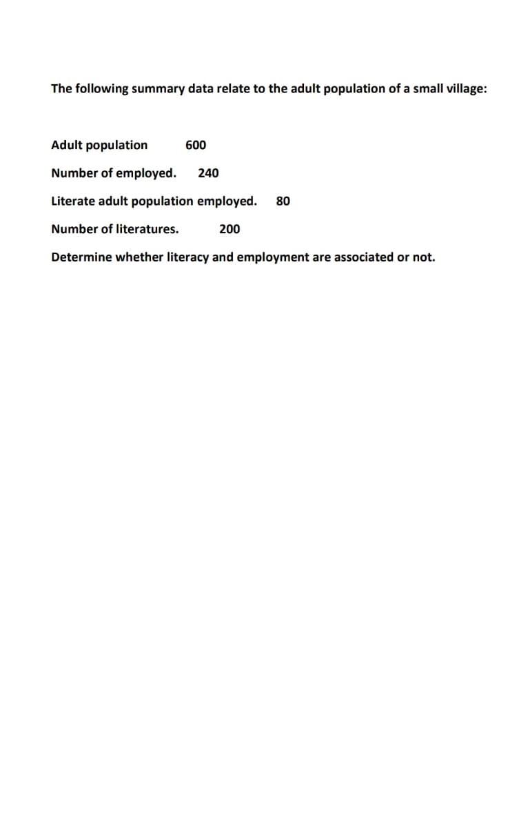 The following summary data relate to the adult population of a small village:
Adult population
600
Number of employed.
240
Literate adult population employed.
80
Number of literatures.
200
Determine whether literacy and employment are associated or not.
