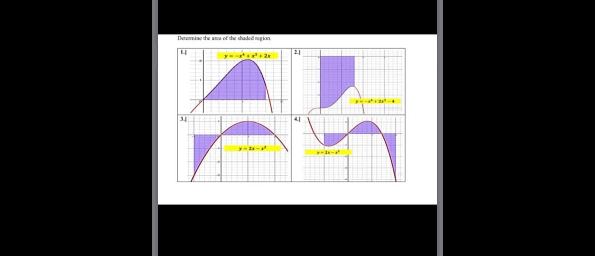 Determine the area of the shaded region.
1.]
2.
y=-x +x + 2x
-* + 2-4
3.1
y- 2x-
y- 2-
