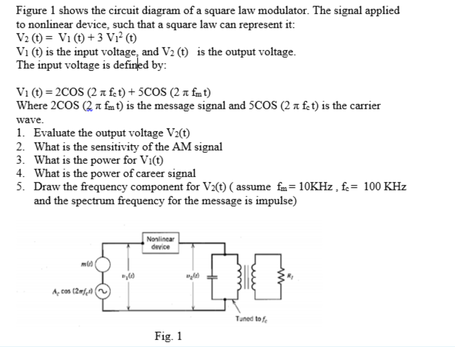 Figure 1 shows the circuit diagram of a square law modulator. The signal applied
to nonlinear device, such that a square law can represent it:
V2 (t) = V1 (t) + 3 V² (t)
Vi (t) is the input voltage, and V2 (t) is the output voltage.
The input voltage is defined by:
V1 (t) = 2COS (2 T fet) + 5COS (2 n fm t)
Where 2COS (2 n fmt) is the message signal and 5COS (2 n fet) is the carrier
wave.
1. Evaluate the output voltage V2(t)
2. What is the sensitivity of the AM signal
3. What is the power for Vi(t)
4. What is the power of career signal
5. Draw the frequency component for V2(t) ( assume fm= 10KHZ , f= 100 KHz
and the spectrum frequency for the message is impulse)
Nonlinear
device
A, cos (2mfi)|
Tuned to f.
Fig. 1

