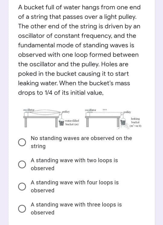 A bucket full of water hangs from one end
of a string that passes over a light pulley.
The other end of the string is driven by an
oscillator of constant frequency, and the
fundamental mode of standing waves is
observed with one loop formed between
the oscillator and the pulley. Holes are
poked in the bucket causing it to start
leaking water. When the bucket's mass
drops to 1/4 of its initial value,
Oscillator
oscillator
pulley
pulley
leaking
water-filled
bucket
bucket (m)
(m'=w 4)
No standing waves are observed on the
string
A standing wave with two loops is
observed
A standing wave with four loops is
observed
A standing wave with three loops is
observed
