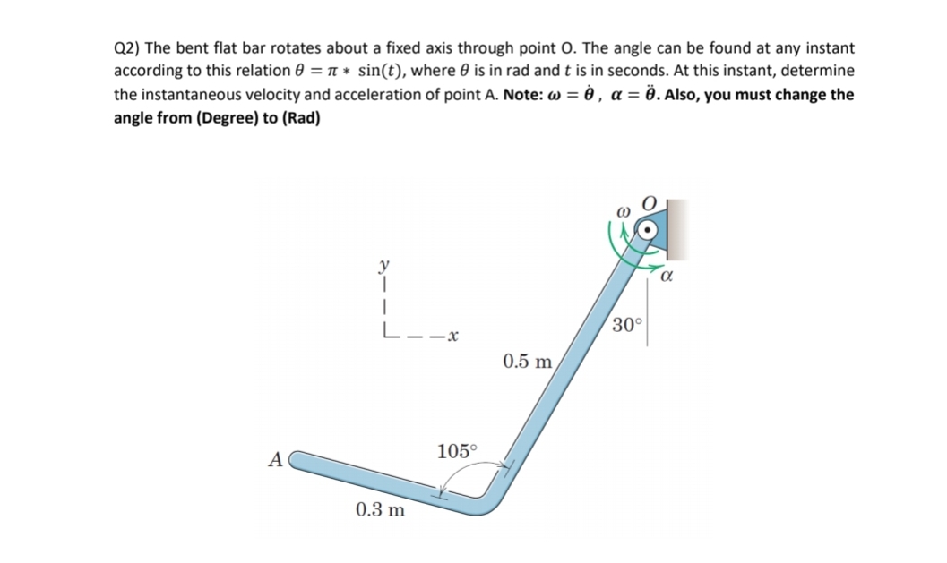 Q2) The bent flat bar rotates about a fixed axis through point O. The angle can be found at any instant
according to this relation = π * sin(t), where is in rad and t is in seconds. At this instant, determine
the instantaneous velocity and acceleration of point A. Note: w = è, a = Ö. Also, you must change the
angle from (Degree) to (Rad)
30°
L--x
A
0.3 m
105⁰
0.5 m