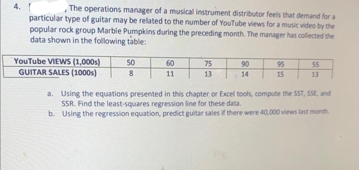 4. [
The operations manager of a musical instrument distributor feels that demand for a
particular type of guitar may be related to the number of YouTube views for a music video by the
popular rock group Marble Pumpkins during the preceding month. The manager has collected the
data shown in the following table:
YouTube VIEWS (1,000s)
GUITAR SALES (1000s)
50
8
60
11
75
13
90
14
95
15
55
13
a.
Using the equations presented in this chapter or Excel tools, compute the SST, SSE, and
SSR. Find the least-squares regression line for these data.
b.
Using the regression equation, predict guitar sales if there were 40,000 views last month.