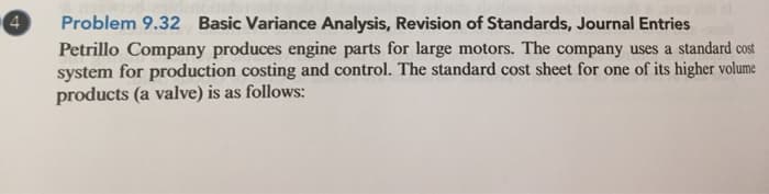 4
Problem 9.32 Basic Variance Analysis, Revision of Standards, Journal Entries
Petrillo Company produces engine parts for large motors. The company uses a standard cost
system for production costing and control. The standard cost sheet for one of its higher volume
products (a valve) is as follows: