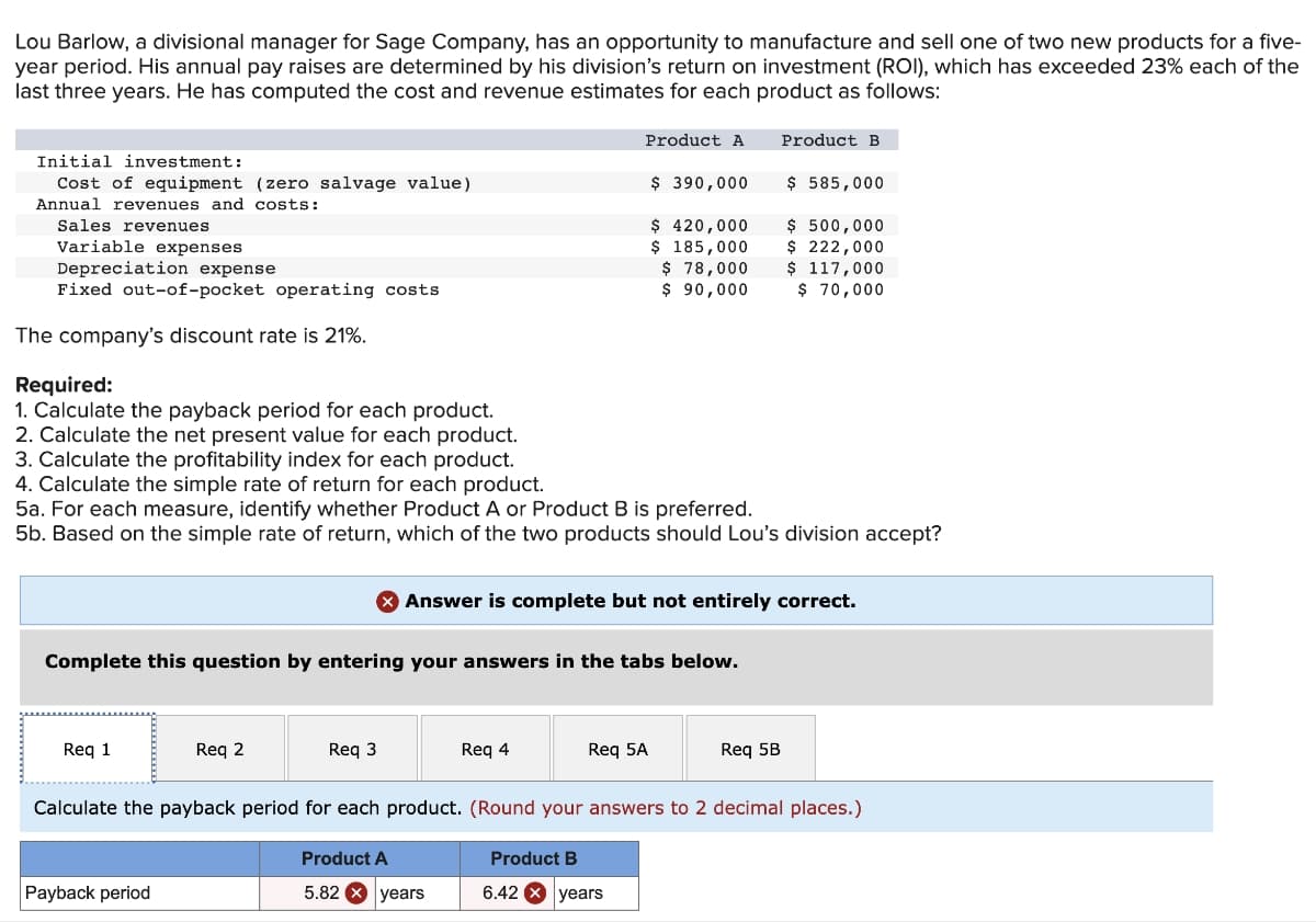 Lou Barlow, a divisional manager for Sage Company, has an opportunity to manufacture and sell one of two new products for a five-
year period. His annual pay raises are determined by his division's return on investment (ROI), which has exceeded 23% each of the
last three years. He has computed the cost and revenue estimates for each product as follows:
Initial investment:
Cost of equipment (zero salvage value)
Annual revenues and costs:
Sales revenues
Variable expenses
Depreciation expense
Fixed out-of-pocket operating costs
The company's discount rate is 21%.
Req 1
Req 2
Payback period
Required:
1. Calculate the payback period for each product.
2. Calculate the net present value for each product.
3. Calculate the profitability index for each product.
4. Calculate the simple rate of return for each product.
5a. For each measure, identify whether Product A or Product B is preferred.
5b. Based on the simple rate of return, which of the two products should Lou's division accept?
Complete this question by entering your answers in the tabs below.
Req 3
Product A
Req 4
Product A
5.82 x years
$ 390,000
$ 420,000
$ 185,000
$ 78,000
$ 90,000
Answer is complete but not entirely correct.
Req 5A
Product B
6.42 years
Product B
$ 585,000
$ 500,000
$ 222,000
$ 117,000
$ 70,000
Req 5B
Calculate the payback period for each product. (Round your answers to 2 decimal places.)