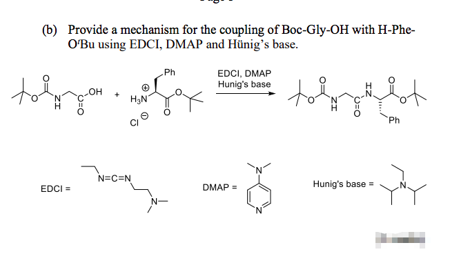 (b) Provide a mechanism for the coupling of Boc-Gly-OH with H-Phe-
O'Bu using EDCI, DMAP and Hünig's base.
Ph
EDCI, DMAP
Hunig's base
tot gou
OH
to
p
of
H₂N
EDCI =
+
N=C=N
DMAP =
Hunig's base =
Ph
yay