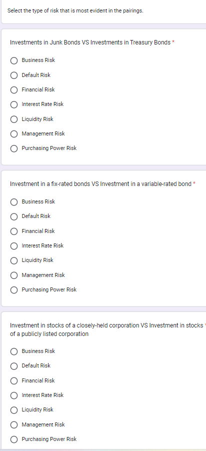 Select the type of risk that is most evident in the pairings.
Investments in Junk Bonds VS Investments in Treasury Bonds *
Business Risk
Default Risk
Financial Risk
Interest Rate Risk
Liquidity Risk
Management Risk
Purchasing Power Risk
Investment in a fix-rated bonds VS Investment in a variable-rated bond *
Business Risk
Default Risk
Financial Risk
Interest Rate Risk
Liquidity Risk
Management Risk
Purchasing Power Risk
Investment in stocks of a closely-held corporation VS Investment in stocks
of a publicly listed corporation
Business Risk
Default Risk
Financial Risk
Interest Rate Risk
Liquidity Risk
Management Risk
Purchasing Power Risk