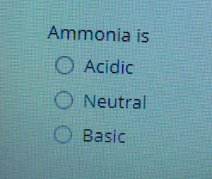 Ammonia is
O Acidic
Neutral
O Basic

