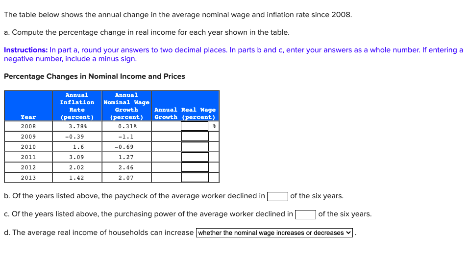 The table below shows the annual change in the average nominal wage and inflation rate since 2008.
a. Compute the percentage change in real income for each year shown in the table.
Instructions: In part a, round your answers to two decimal places. In parts b and c, enter your answers as a whole number. If entering a
negative number, include a minus sign.
Percentage Changes in Nominal Income and Prices
Year
2008
2009
2010
2011
2012
2013
Annual
Inflation
Rate
(percent)
3.78%
-0.39
1.6
3.09
2.02
1.42
Annual
Nominal Wage
Growth
(percent)
0.31%
-1.1
-0.69
1.27
2.46
2.07
Annual Real Wage
Growth (percent)
b. Of the years listed above, the paycheck of the average worker declined in
c. Of the years listed above, the purchasing power of the average worker declined in
of the six years.
d. The average real income of households can increase whether the nominal wage increases or decreases
of the six years.