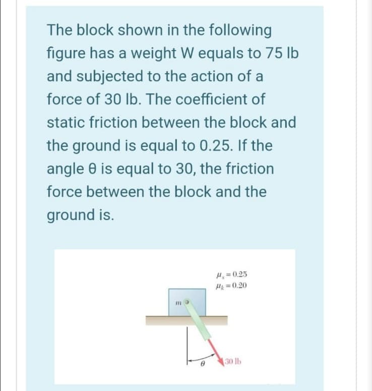 The block shown in the following
figure has a weight W equals to 75 lb
and subjected to the action of a
force of 30 lb. The coefficient of
static friction between the block and
the ground is equal to 0.25. If the
angle 0 is equal to 30, the friction
force between the block and the
ground is.
4, = 0.25
H = 0.20
30 lb
