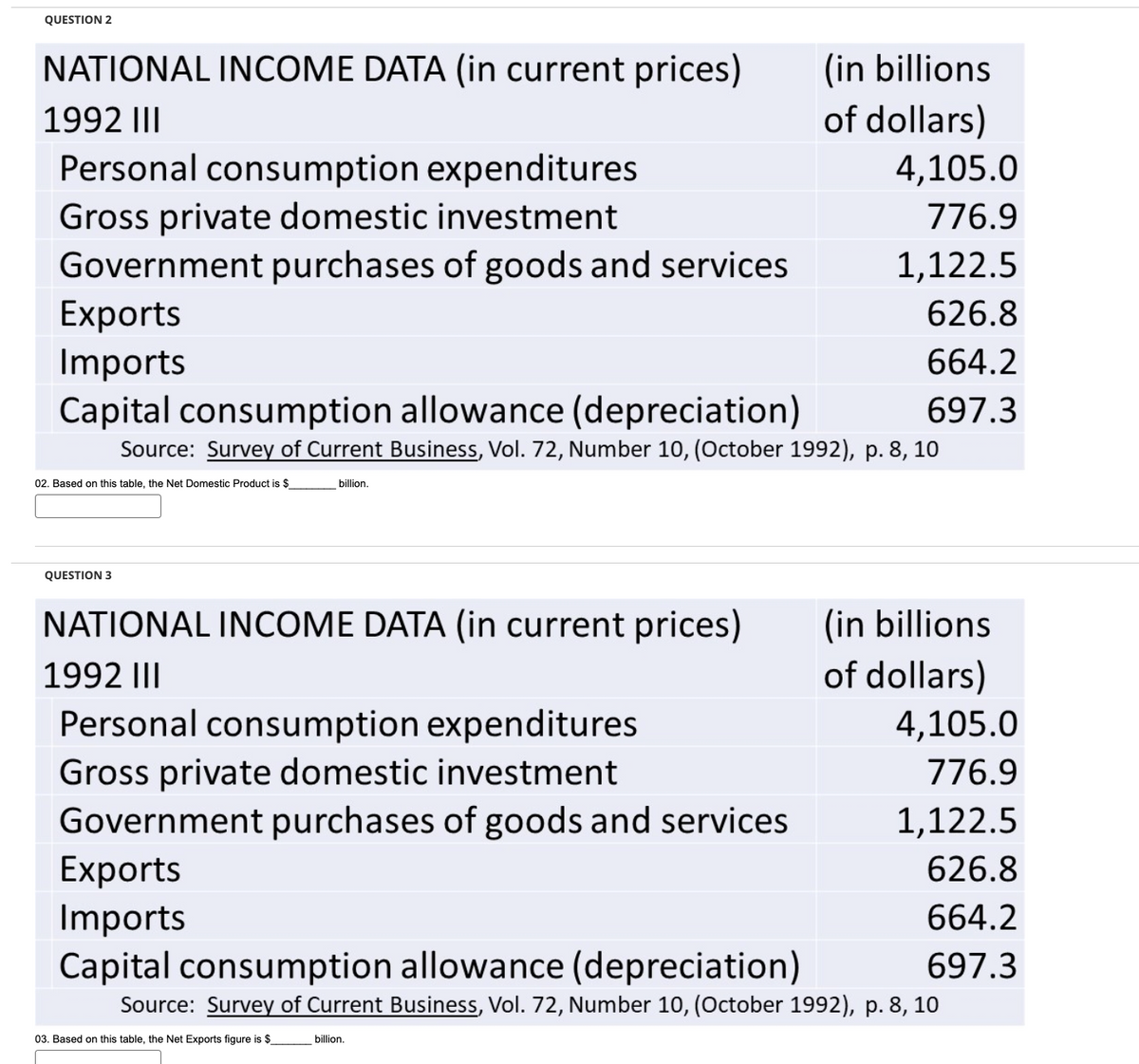 QUESTION 2
NATIONAL INCOME DATA (in current prices)
1992 III
Personal consumption expenditures
Gross private domestic investment
Government purchases of goods and services
02. Based on this table, the Net Domestic Product is $
Exports
Imports
Capital consumption allowance (depreciation)
Source: Survey of Current Business, Vol. 72, Number 10, (October 1992), p. 8, 10
QUESTION 3
billion.
NATIONAL INCOME DATA (in current prices)
1992 III
Personal consumption expenditures
Gross private domestic investment
Government purchases of goods and services
03. Based on this table, the Net Exports figure is $
(in billions
of dollars)
4,105.0
776.9
1,122.5
626.8
664.2
697.3
billion.
(in billions
of dollars)
Exports
Imports
Capital consumption allowance (depreciation)
Source: Survey of Current Business, Vol. 72, Number 10, (October 1992), p. 8, 10
4,105.0
776.9
1,122.5
626.8
664.2
697.3