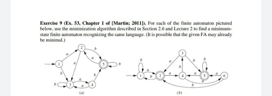 Exercise 9 (Ex. 53, Chapter 1 of [Martin; 2011]). For each of the finite automaton pictured
below, use the minimization algorithm described in Section 2.6 and Lecture 2 to find a minimum-
state finite automaton recognizing the same language. (It is possible that the given FA may already
be minimal.)
a
(a)
(b)
