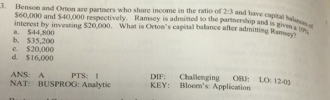 Benson and Orton are partners who share income in the ratio of 2:3 and have capital balances of
$60,000 and $40,000 respectively. Ramsey is admitted to the partnership and is given a 10%
What is Orton's capital balance after admitting Ramsev
3.
interest by investing $20,000.
$44,800
b. $35,200
$20,000
d. $16,000
a.
c.
Challenging
Bloom's: Application
OBJ:
LO: 12-03
DIF:
PTS: 1
ANS:
KEY:
NAT: BUSPROG: Analytic
