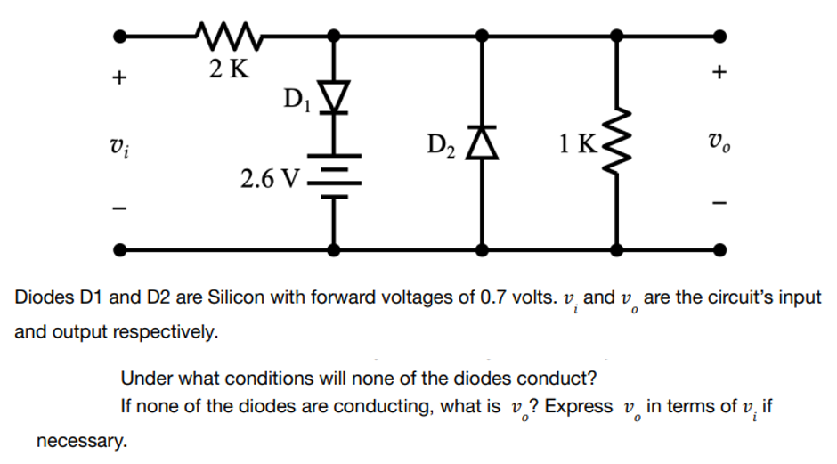 +
2 K
+
M
D₁
Vi
D₂ A
1 K
2.6 V
-
Diodes D1 and D2 are Silicon with forward voltages of 0.7 volts. v, and vare the circuit's input
and output respectively.
Under what conditions will none of the diodes conduct?
If none of the diodes are conducting, what is v? Express in terms of vif
0
necessary.
Vo
