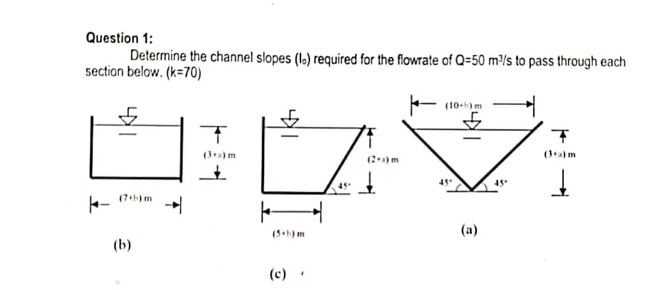 Question 1:
Determine the channel slopes (lo) required for the flowrate of Q=50 m/s to pass through each
section below. (k=70)
(10+b) m
(3+a) m
(3+a) m
(2+) m
45
45* 45
- (7th) m
(5+b) m
(a)
(b)
(c)
