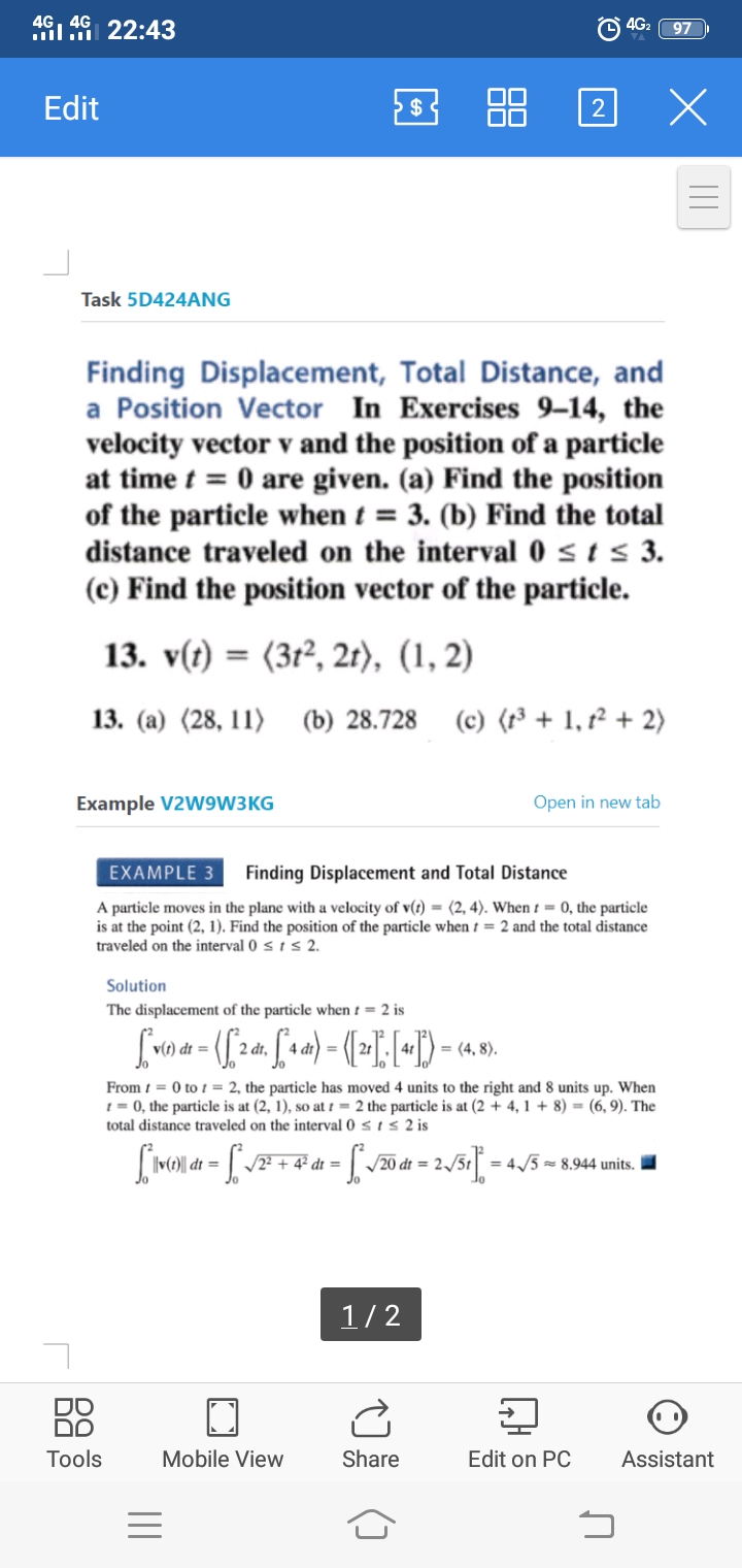Finding Displacement, Total Distance, and
a Position Vector In Exercises 9–14, the
velocity vector v and the position of a particle
at time t = 0 are given. (a) Find the position
of the particle when t = 3. (b) Find the total
distance traveled on the interval 0 s t s 3.
(c) Find the position vector of the particle.
