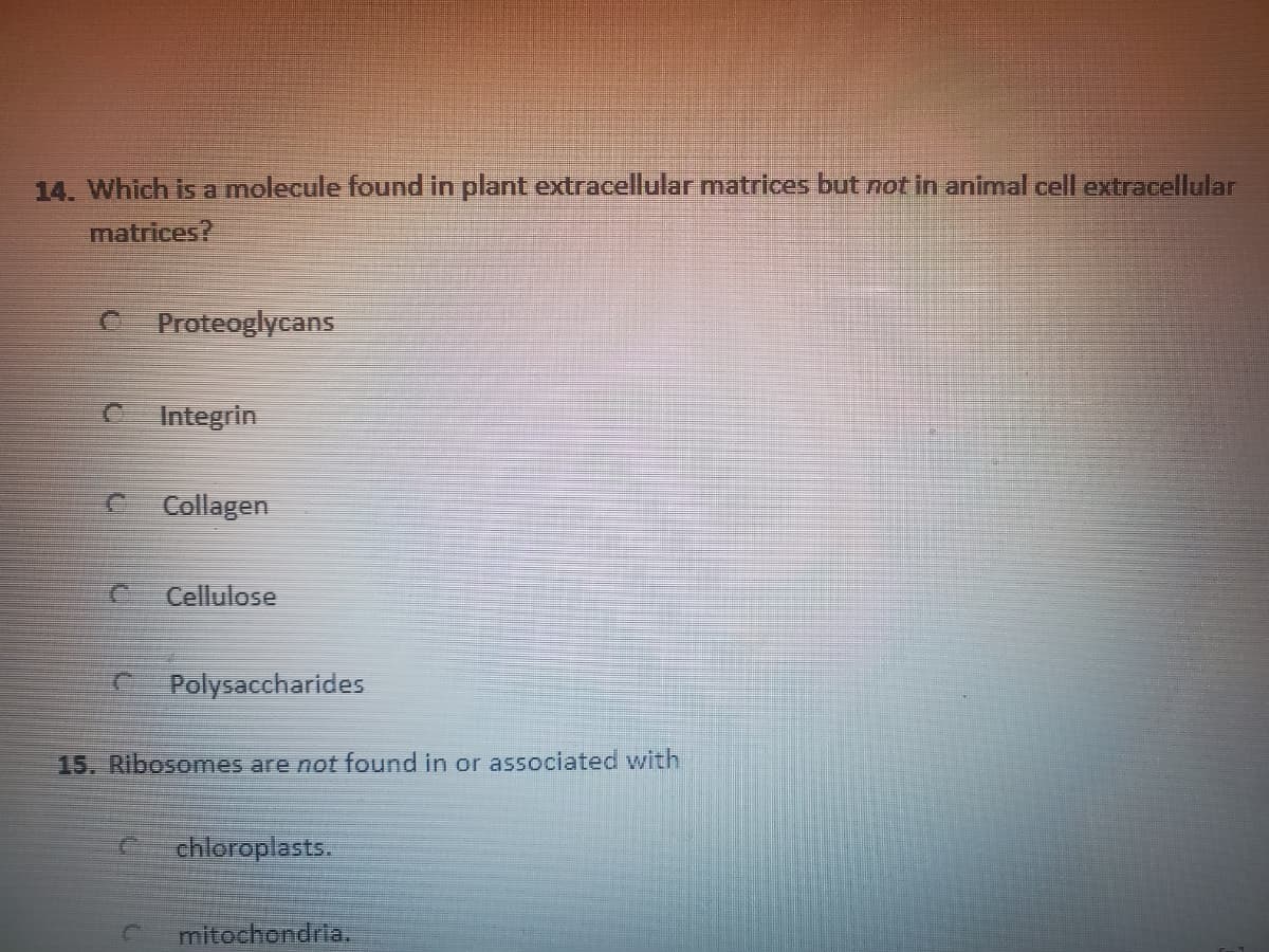 14. Which is a molecule found in plant extracellular matrices but not in animal cell extracellular
matrices?
C Proteoglycans
C Integrin
C Collagen
Cellulose
C Polysaccharides
15. Ribosomes are not found in or associated with
chloroplasts.
mitochondria.
