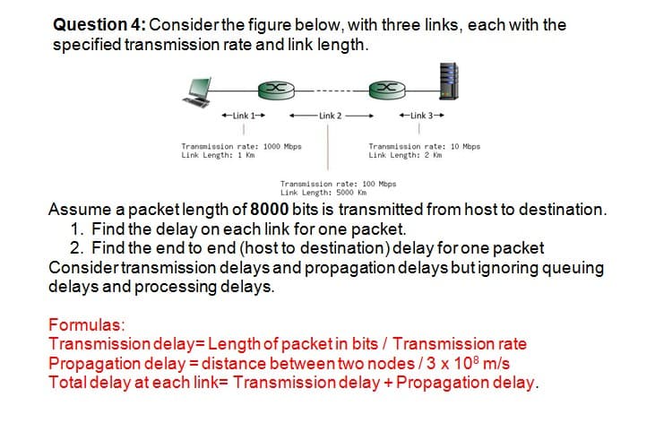Question 4: Considerthe figure below, with three links, each with the
specified transmission rate and link length.
+Link 1
Link 2
+Link 3+
Transmission rate: 1000 Mbps
Link Length: 1 Km
Transmission rate: 10 Mbps
Link Length: 2 Km
Transmission rate: 100 Mbps
Link Length: 5000 Km
Assume a packetlength of 8000 bits is transmitted from host to destination.
1. Find the delay on each link for one packet.
2. Find the end to end (host to destination) delay for one packet
Considertransmission delays and propagation delays but ignoring queuing
delays and processing delays.
Formulas:
Transmission delay= Length of packet in bits / Transmission rate
Propagation delay = distance between two nodes/3 x 108 m/s
Total delay at each link= Transmission delay + Propagation delay.
