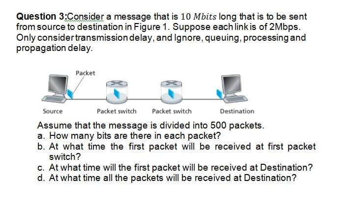 Question 3:Consider a message that is 10 Mbits long that is to be sent
from source to destination in Figure 1. Suppose each link is of 2Mbps.
Only considertransmission delay, and Ignore, queuing, processing and
propagation delay.
Packet
Source
Packet switch
Packet switch
Destination
Assume that the message is divided into 500 packets.
a. How many bits are there in each packet?
b. At what time the first packet will be received at first packet
switch?
c. At what time will the first packet will be received at Destination?
d. At what time all the packets will be received at Destination?

