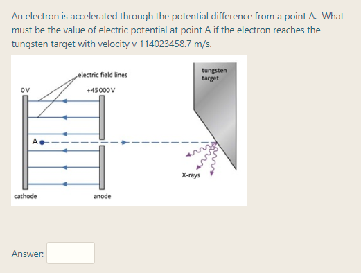 An electron is accelerated through the potential difference from a point A. What
must be the value of electric potential at point A if the electron reaches the
tungsten target with velocity v 114023458.7 m/s.
tungsten
target
„electric field lines
ov
+45000v
X-rays
cathode
anode
