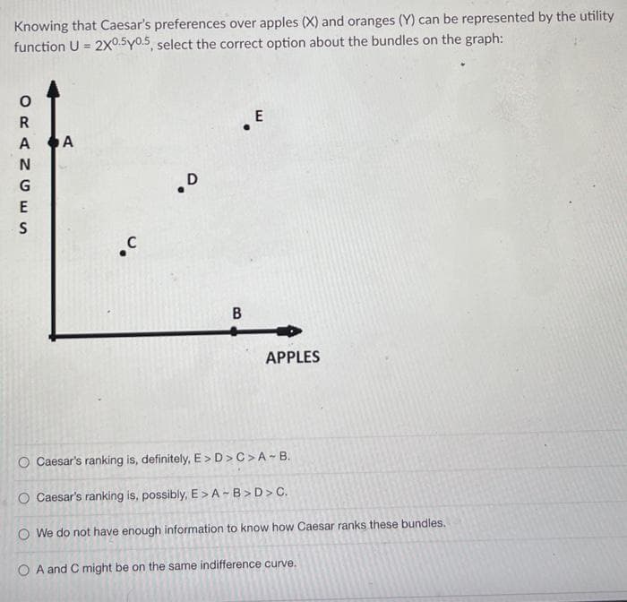 Knowing that Caesar's preferences over apples (X) and oranges (Y) can be represented by the utility
function U = 2X0.5y0.5, select the correct option about the bundles on the graph:
ORANGES
A
D
●
B
E
APPLES
Caesar's ranking is, definitely, E>D> C>A-B.
Caesar's ranking is, possibly, E> A-B>D>C.
O We do not have enough information to know how Caesar ranks these bundles.
O A and C might be on the same indifference curve.
