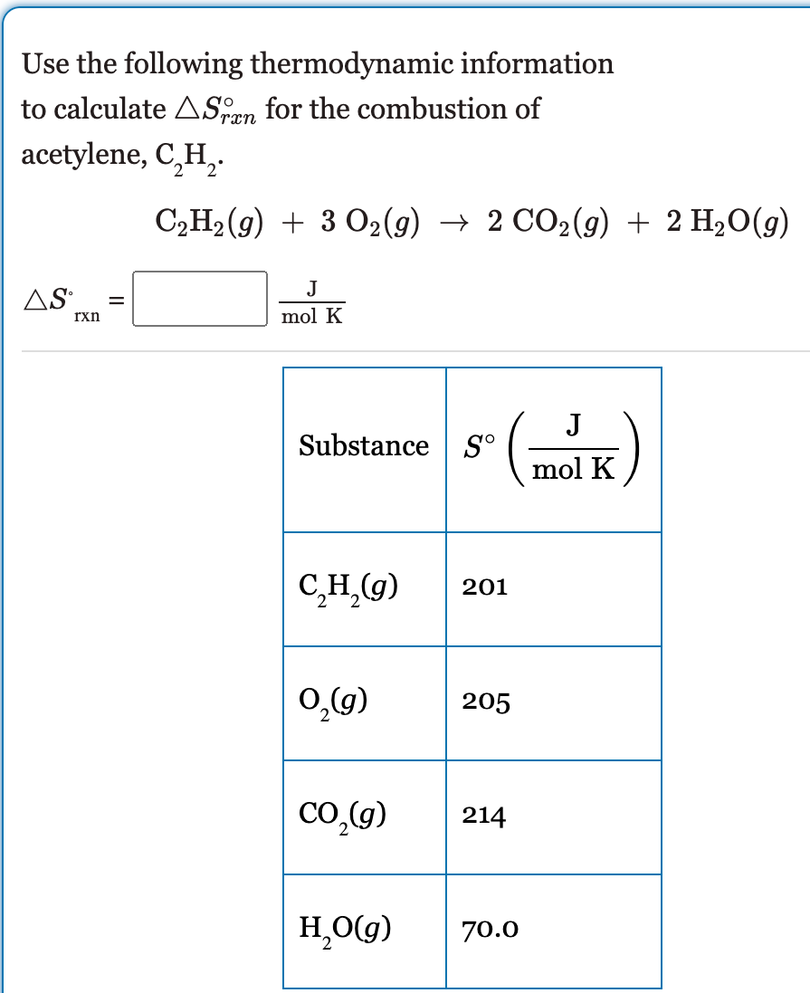 Use the following thermodynamic information
to calculate ASn for the combustion of
rxn
acetylene, C,H,.
C2H2(g) + 3 02(9) → 2 CO2(9) + 2 H2O(g)
J
AS
rxn
mol K
(R)
J
Substance S°
mol K
C,H,()
201
0,9)
205
Co,(G)
214
H,O(g)
70.0
