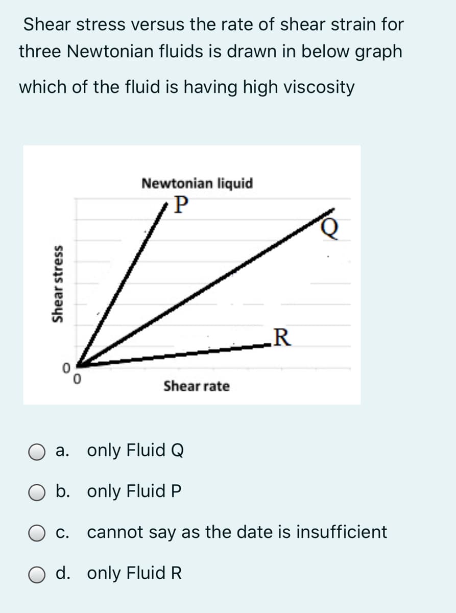 Shear stress versus the rate of shear strain for
three Newtonian fluids is drawn in below graph
which of the fluid is having high viscosity
Newtonian liquid
P
Shear rate
a. only Fluid Q
O b. only Fluid P
С.
cannot say as the date is insufficient
d. only Fluid R
Shear stress
