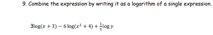 Combine the expression by writing it as a logarithm of a single expression.
3log(x + 3) – 6 log(x² + 4) + log y
