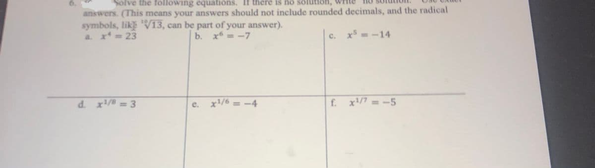 6.
Solve the following equations. If there is no solution,
answers. (This means your answers should not include rounded decimals, and the radical
symbols, like V13, can be part of your answer).
a. x= 23
b. x6 = -7
c.
x = -14
d. x/8 =3
x/6 = -4
f. x'/7 = -5
e.

