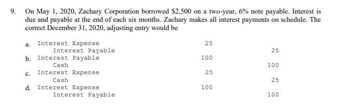 9. On May 1, 2020, Zachary Corporation borrowed $2,500 on a two-year, 6% note payable. Interest is
due and payable at the end of each six months. Zachary makes all interest payments on schedule. The
correct December 31, 2020, adjusting entry would be
25
a. Interest Expense
Interest Payable
b. Interest Payable
25
100
Cash
100
с.
Interest Expense
25
Cash
25
d. Interest Expense
Interest Payable
100
100
