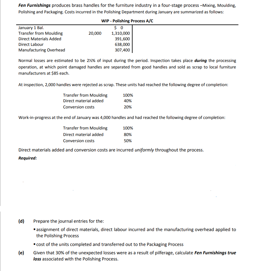 Fen Furnishings produces brass handles for the furniture industry in a four-stage process -Mixing, Moulding,
Polishing and Packaging. Costs incurred in the Polishing Department during January are summarized as follows:
WIP - Polishing Process A/C
January 1 Bal.
Transfer from Moulding
20,000
1,310,000
391,600
638,000
307,400
Direct Materials Added
Direct Labour
Manufacturing Overhead
Normal losses are estimated to be 24% of input during the period. Inspection takes place during the processing
operation, at which point damaged handles are separated from good handles and sold as scrap to local furniture
manufacturers at $85 each.
At inspection, 2,000 handles were rejected as scrap. These units had reached the following degree of completion:
Transfer from Moulding
100%
Direct material added
40%
Conversion costs
20%
Work-in-progress at the end of January was 4,000 handles and had reached the following degree of completion:
Transfer from Moulding
100%
Direct material added
80%
Conversion costs
50%
Direct materials added and conversion costs are incurred uniformly throughout the process.
Required:
(d)
Prepare the journal entries for the:
*assignment of direct materials, direct labour incurred and the manufacturing overhead applied to
the Polishing Process
" cost of the units completed and transferred out to the Packaging Process
(e)
Given that 30% of the unexpected losses were as a result of pilferage, calculate Fen Furnishings true
loss associated with the Polishing Process.
