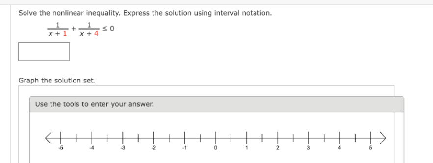 Solve the nonlinear inequality. Express the solution using interval notation.
+ x+4 ≤0
x + 4
x +
Graph the solution set.
Use the tools to enter your answer.
-2
-1
+~
2
3
5
