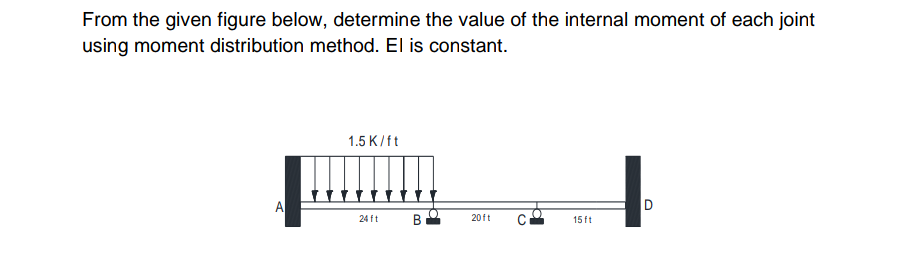 From the given figure below, determine the value of the internal moment of each joint
using moment distribution method. El is constant.
A
1.5 K/ft
24 ft
B
20ft
15ft
1
D