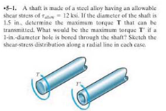 .5-1. A shaft is made of a steel alloy having an allowable
shear stress of T12 ksi. If the diameter of the shaft is
1.5 in determine the maximum torque T that can be
transmitted. What would be the maximum torque T if a
1-in-diameter hole is bored through the shaft? Sketch the
shear-stress distribution along a radial line in each case.